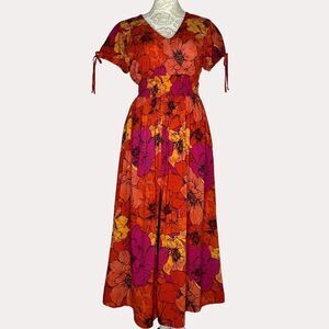 Violet Skies Midi Dress Smocked Slit Floral Orange S